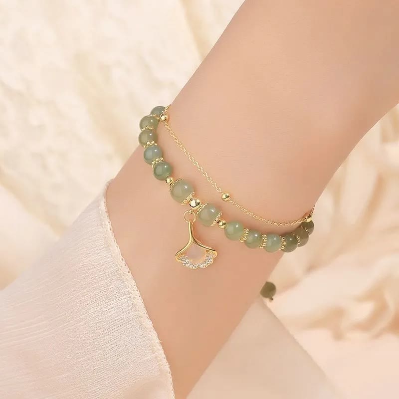 Wear FengShui Jade Leaf Ginkgo Tulip Peanut Fu Character Luck Beaded Bracelet