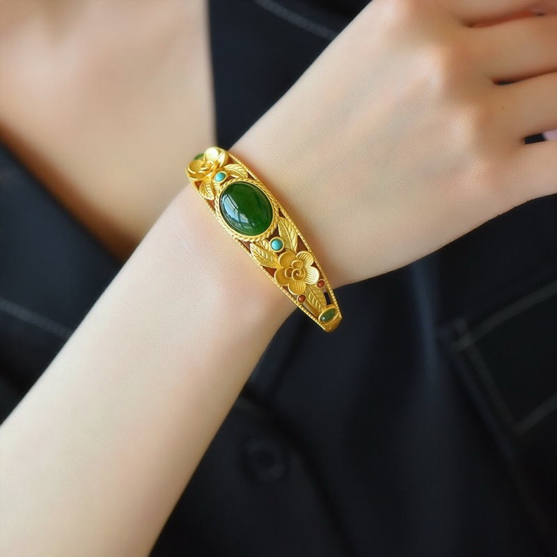 Wear FengShui Cyan Jade White Jade Flower Leaf Harmony Luck Bracelet Bangle