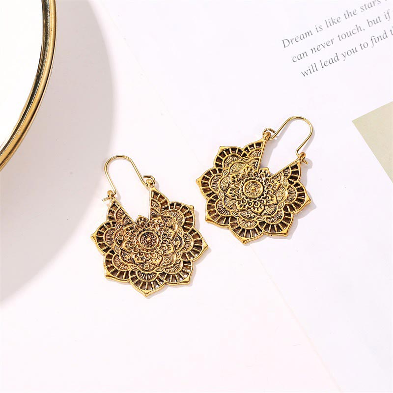 Wear FengShui Tibetan Lotus Engraving Copper Blessing Drop Earrings