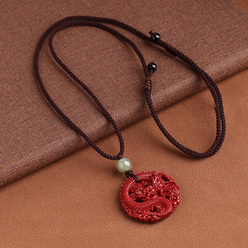 Wear FengShui Year Of The Dragon Natural Cinnabar Hetian Jade Bead Copper Coin Attract Wealth Strength Necklace Pendant