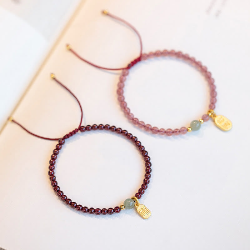 Wear FengShui Natural Strawberry Quartz Garnet Jade Lucky Fortune Fu Character Healing Charm Bracelet