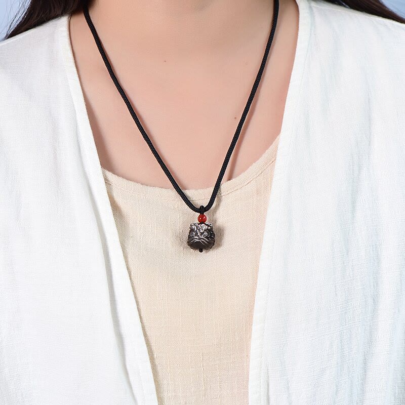 Wear FengShui Natural Silver Sheen Obsidian Dancing Lion Protection Necklace Pendant