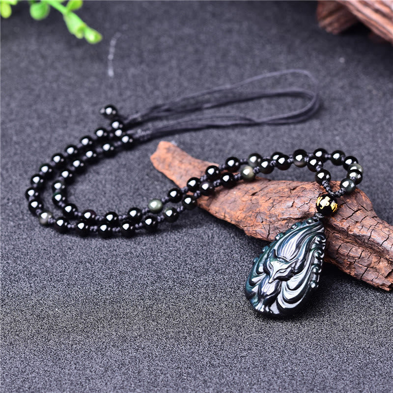Wear FengShui Natural Rainbow Obsidian Nine Tailed Fox Inner Peace Necklace Beaded String Pendant