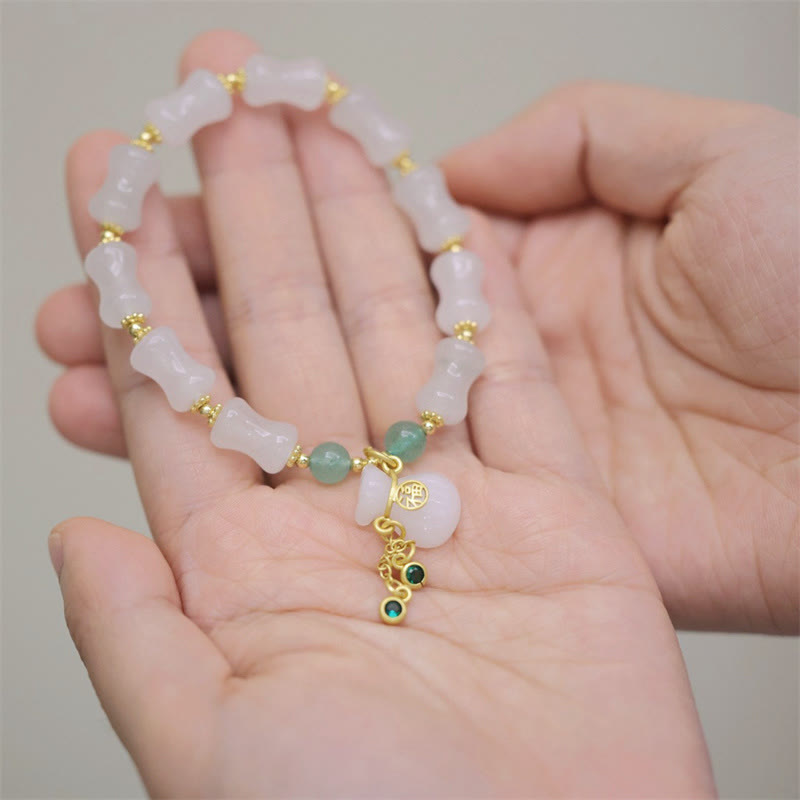 Wear FengShui Natural White Golden Silk Jade Bamboo Pattern Wealth Lucky Bag Fu Character Bracelet