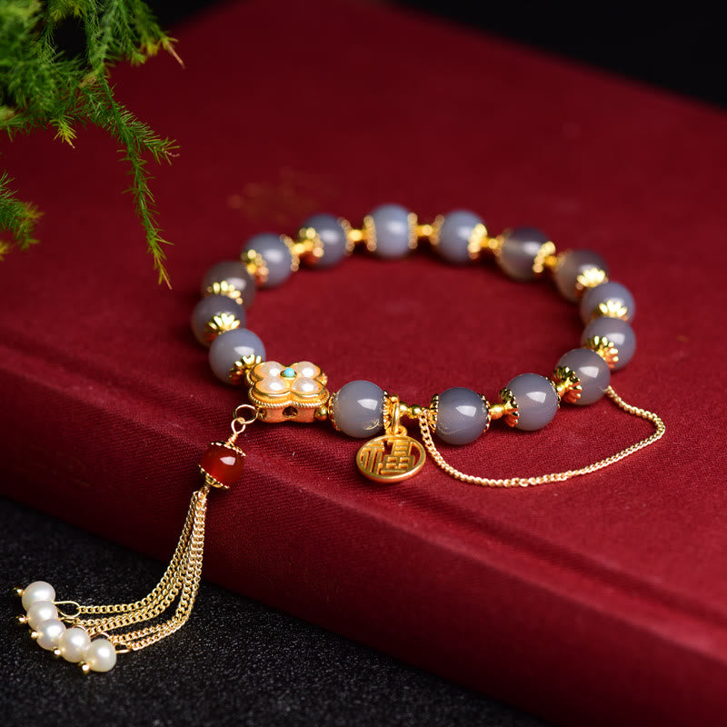 Wear FengShui Natural Gray Agate Fu Character Pearl Tassel Balance Bracelet