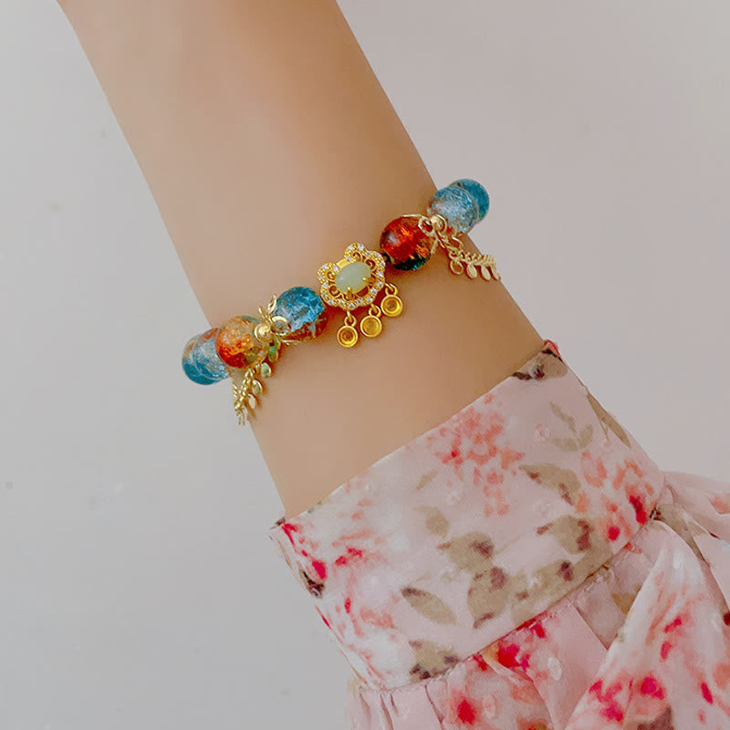 Wear FengShui Colorful Liuli Glass Bead Chinese Lock Charm Fortune Bracelet