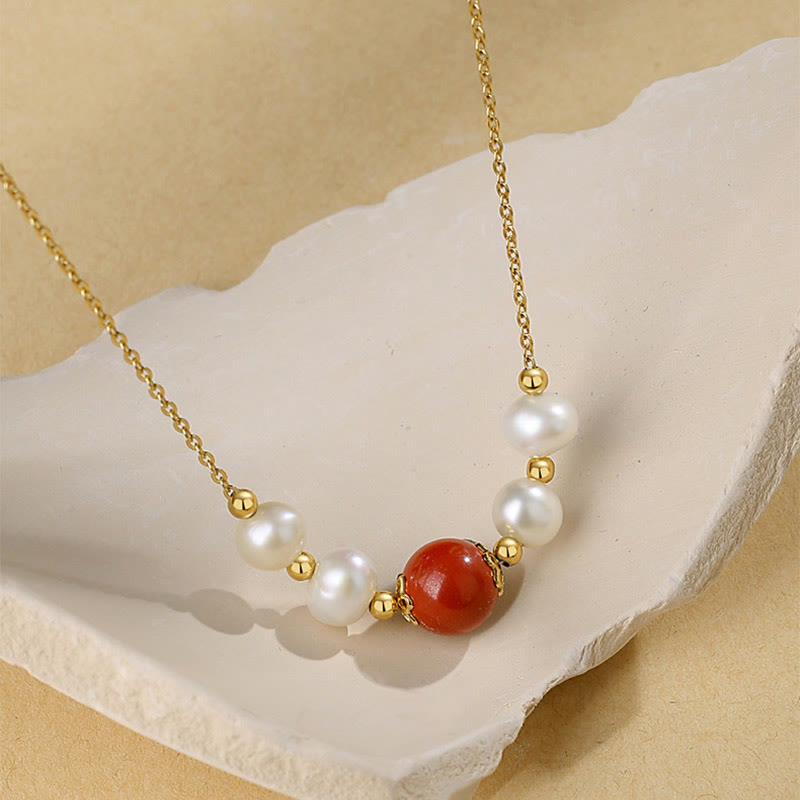 Wear FengShui 925 Sterling Silver Pearl Cinnabar Sincerity Healing Bead Chain Necklace Pendant