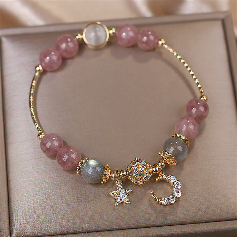 Wear FengShui Strawberry Quartz Moonstone Moon Star Love Bracelet