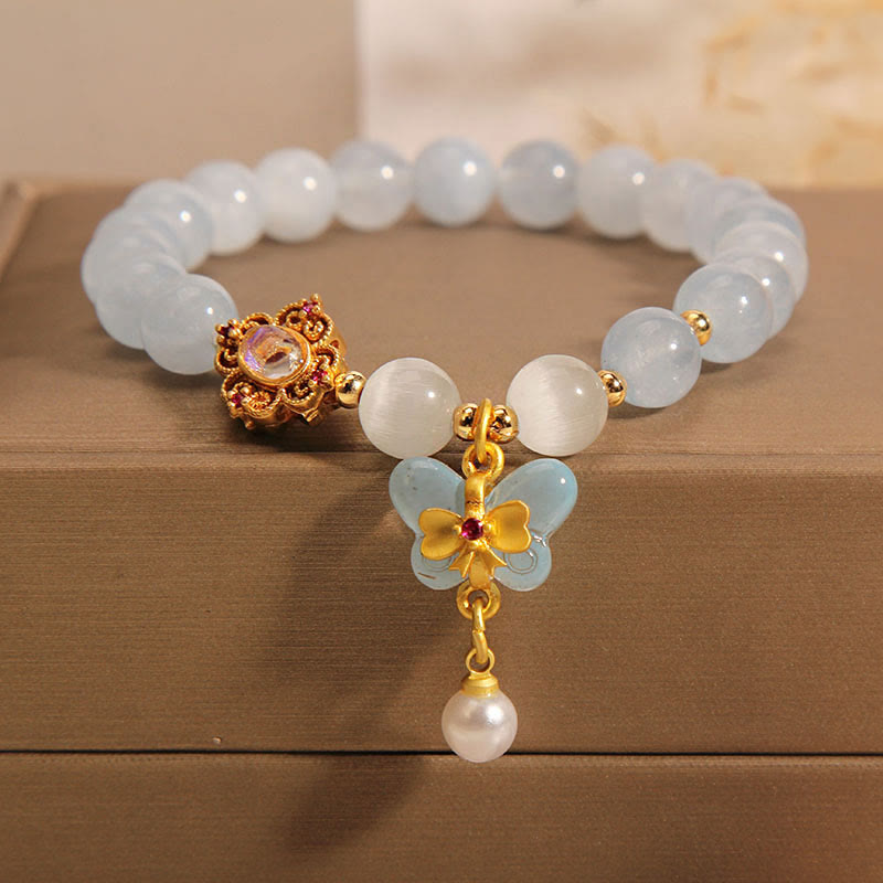 Wear FengShui Aquamarine Cat's Eye Healing Butterfly Pearl Charm Bracelet