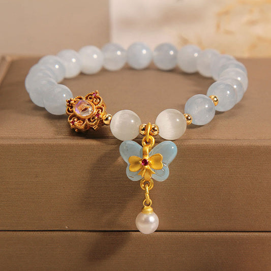 Wear FengShui Aquamarine Cat's Eye Healing Butterfly Pearl Charm Bracelet