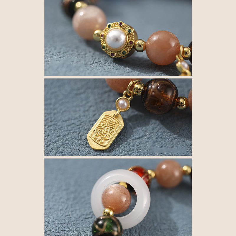 Wear FengShui Tibetan Incense Ash Liuli Glass Tridacna Stone Sun Stone Om Mani Padme Hum Prayer Wheel Charm Bracelet