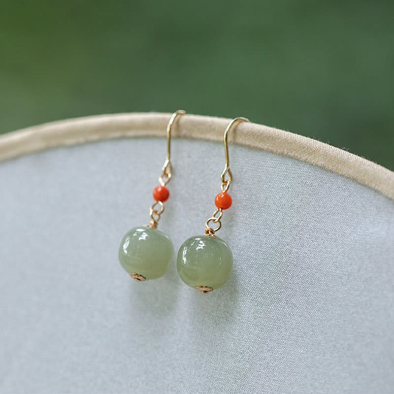 Wear FengShui 925 Sterling Silver Plated 14k Gold Hetian Jade Red Agate Luck Drop Dangle Earrings