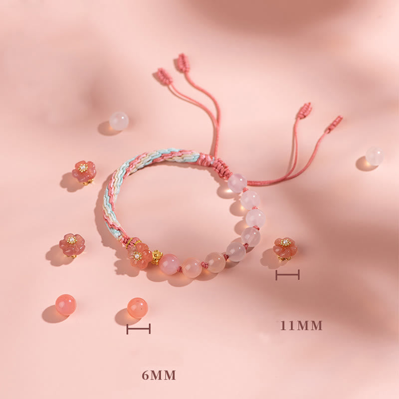 Wear FengShui Natural Gradient Agate Reincarnation Knot Peach Blossom Wealth Luck Handmade String Bracelet