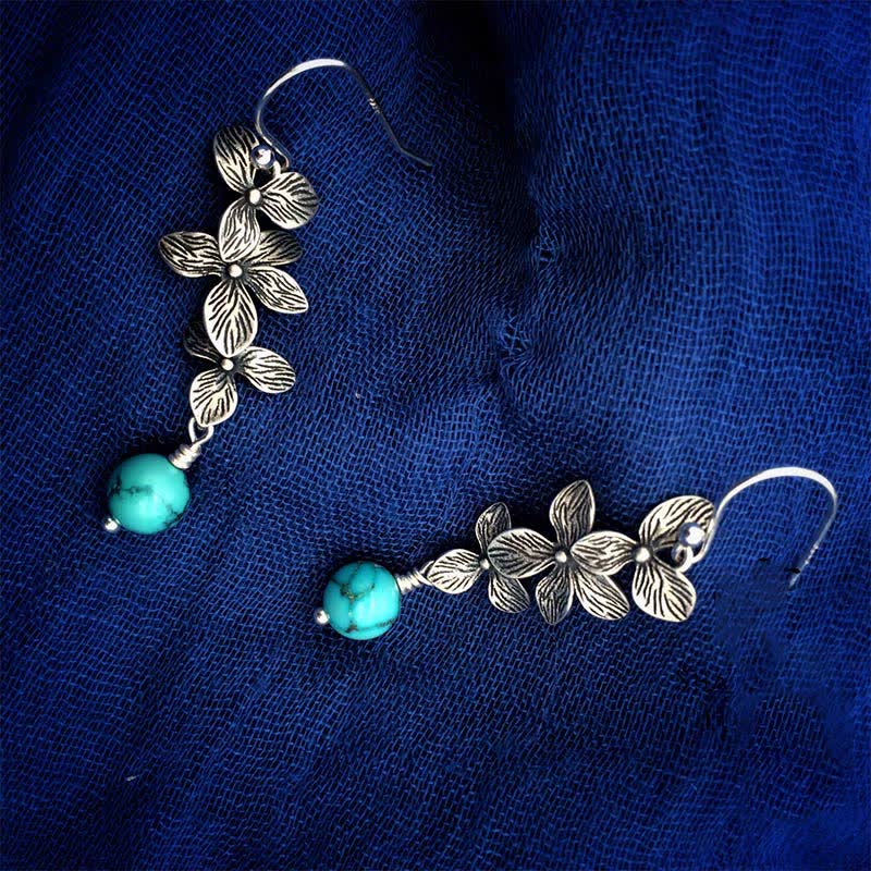 Wear FengShui 925 Sterling Silver Turquoise Lazurite Flower Leaf Serenity Protection Hook Drop Dangle Earrings