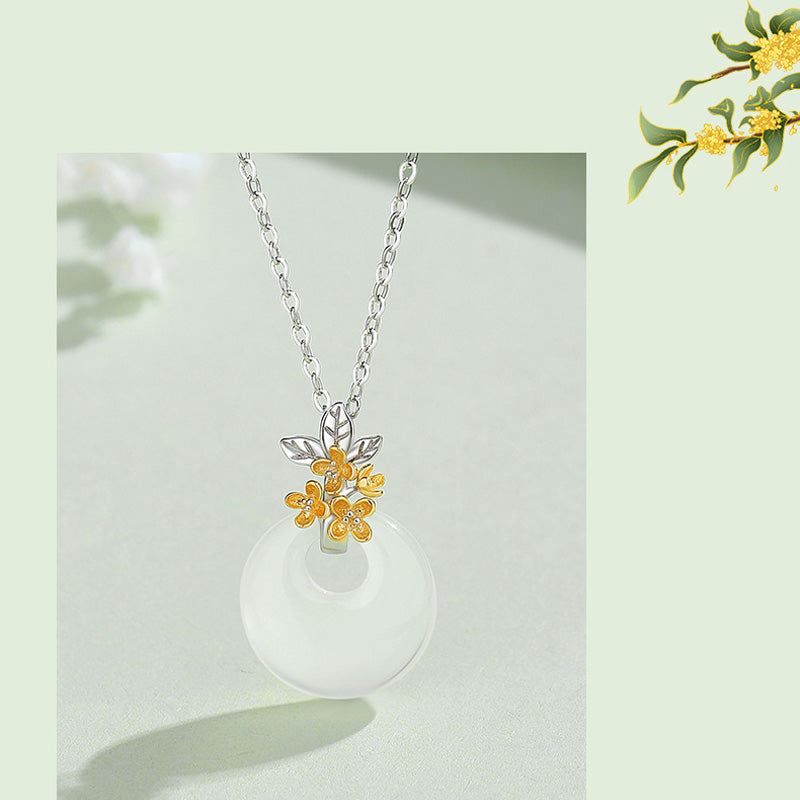 Wear FengShui 925 Sterling Silver Round Chalcedony Twelve Months Flower Harmony Necklace Pendant