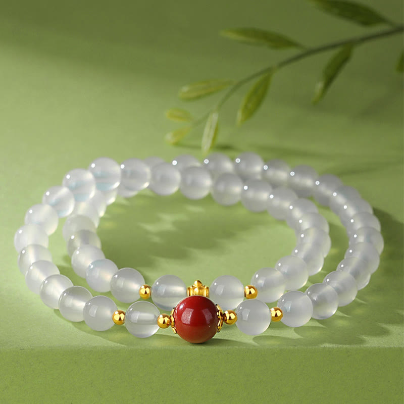 Wear FengShui 925 Sterling Silver Natural White Agate Cinnabar Double Wrap Protection Bracelet