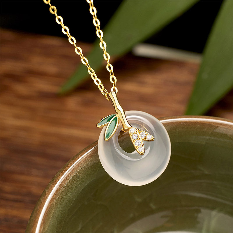 Wear FengShui 925 Sterling Silver Natural Chalcedony Bamboo Leaf Peace Buckle Positive Necklace Pendant