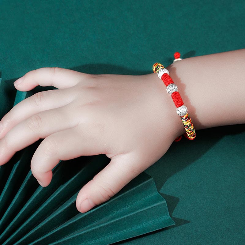 Wear FengShui 925 Sterling Silver King Kong Knot Multicolored Red String Strength Handmade Braided Kids Child Bracelet