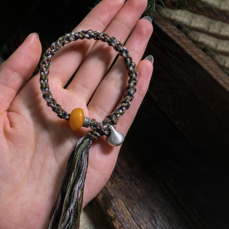 Wear FengShui 990 Sterling Silver Tibetan Handmade Amber Steelyard Weight Wish Protection Bracelet