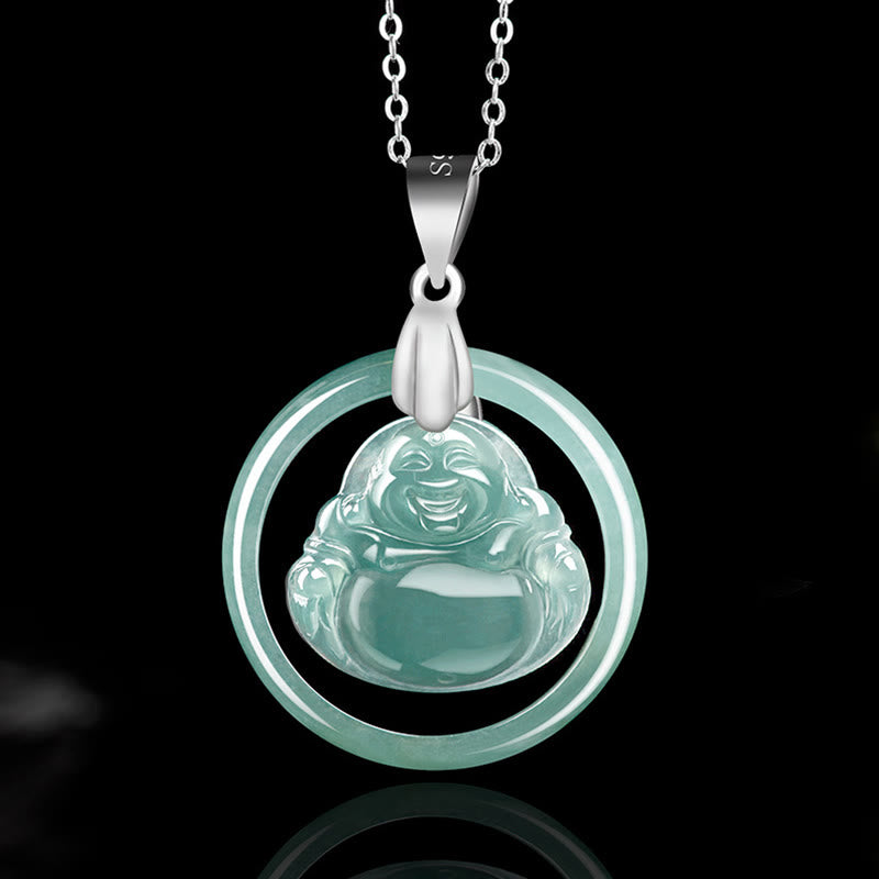 Wear FengShui Natural Jade Round Laughing Buddha Abundance Titanium Steel Chain Necklace Pendant