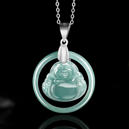Wear FengShui Natural Jade Round Laughing Buddha Abundance Titanium Steel Chain Necklace Pendant