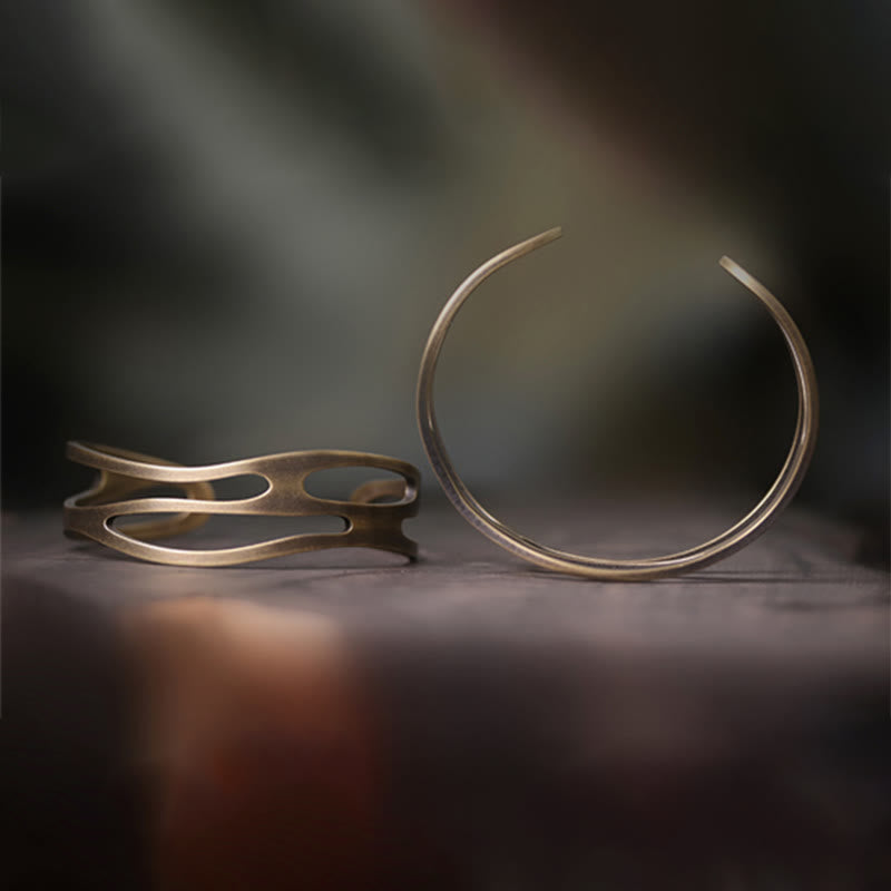 Wear FengShui Vintage Curved Copper Brass Wealth Adjustable Cuff Bracelet Bangle