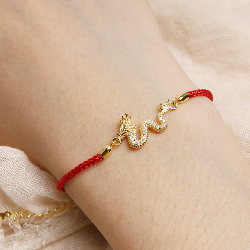 Wear FengShui 925 Sterling Silver Year Of The Dragon Auspicious Golden Dragon Luck Red Rope Chain Bracelet
