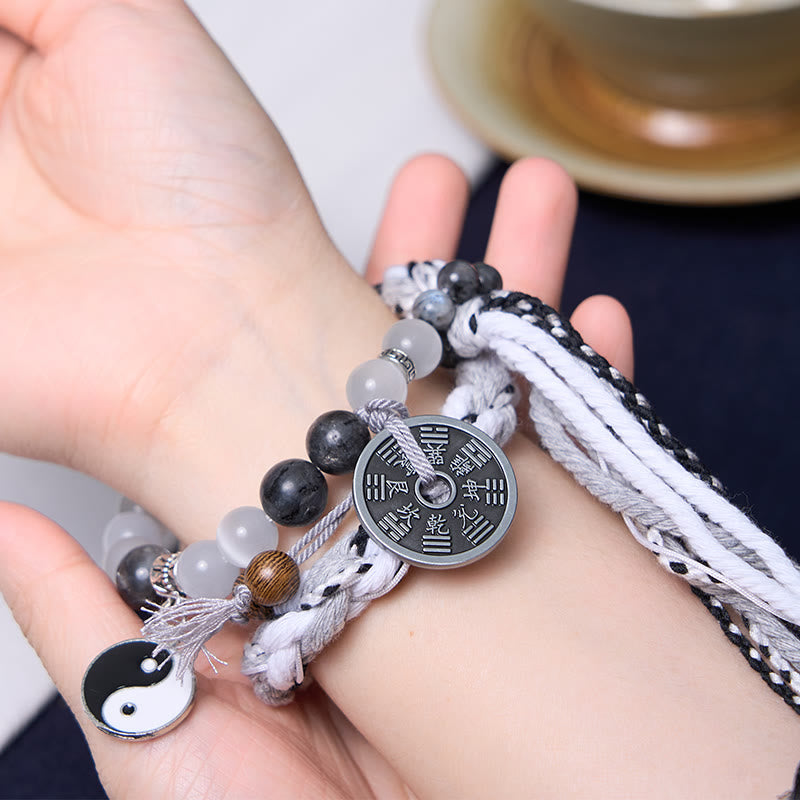 Wear FengShui Black Glitter Stone Cat's Eye Yin Yang Mountain Ghosts Spend Money Power Double Layer Rope Bracelet