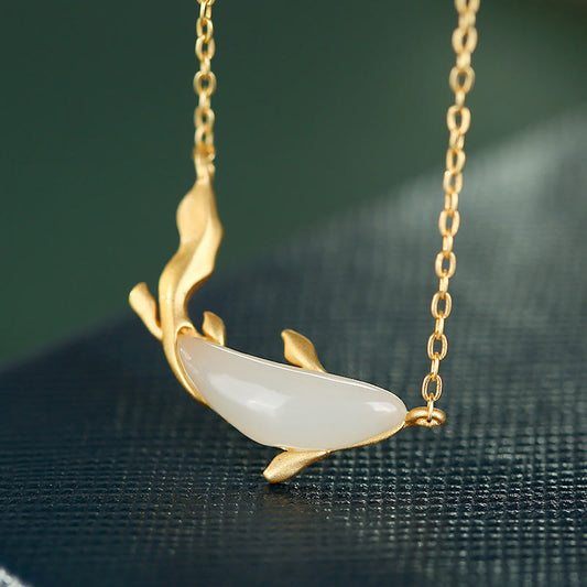 Wear FengShui 925 Sterling Silver White Jade Dolphin Luck Necklace Pendant