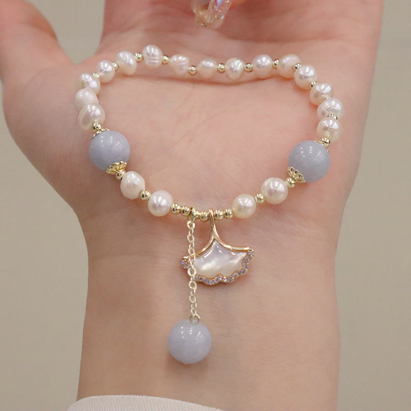 Wear FengShui Natural Aquamarine Pearl Healing Ginkgo Leaf Butterfly Charm Bracelet