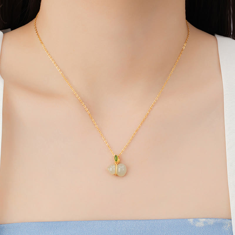 Wear FengShui 925 Sterling Silver Hetian Jade Gourd Abundance Necklace Pendant