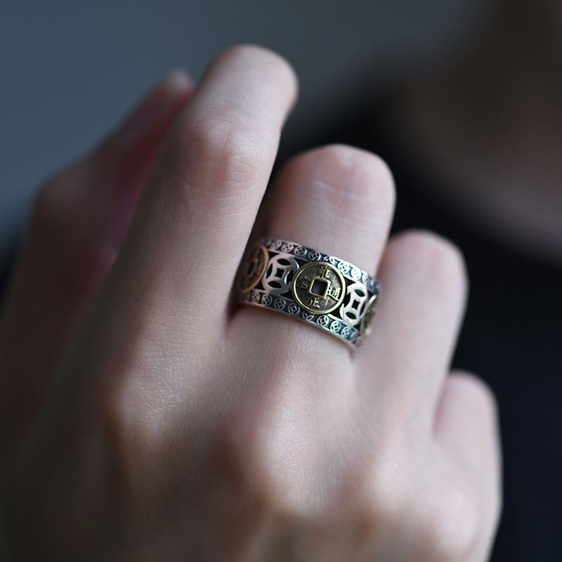 Wear FengShui Five-Emperor Coins Balance Adjustable Ring