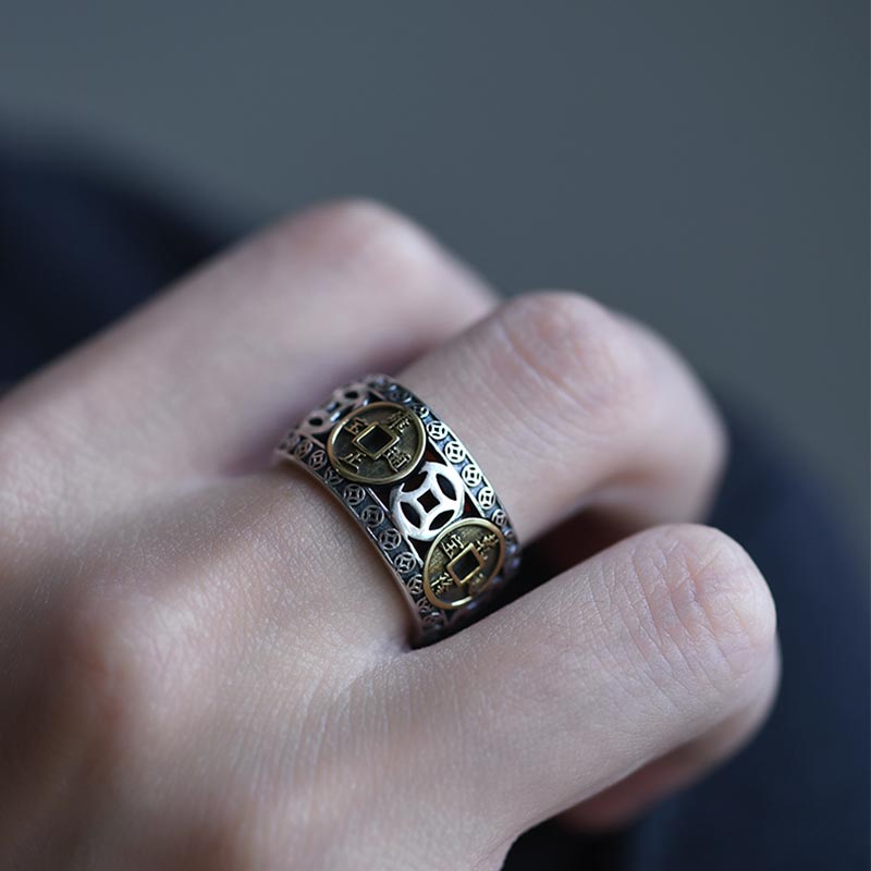 Wear FengShui Five-Emperor Coins Balance Adjustable Ring