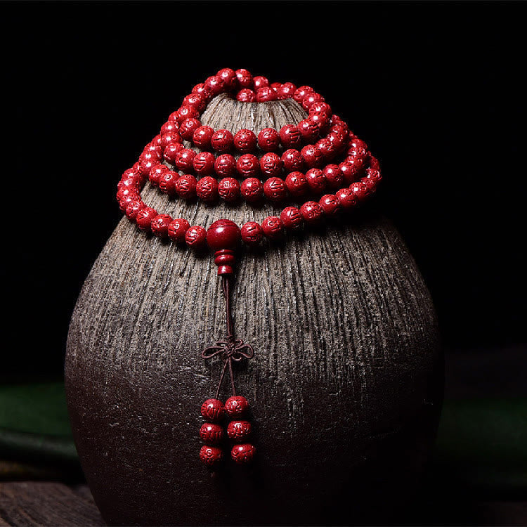 Wear FengShui 108 Mala Beads Cinnabar Om Mani Padme Hum Pattern Engraved Blessing Bracelet