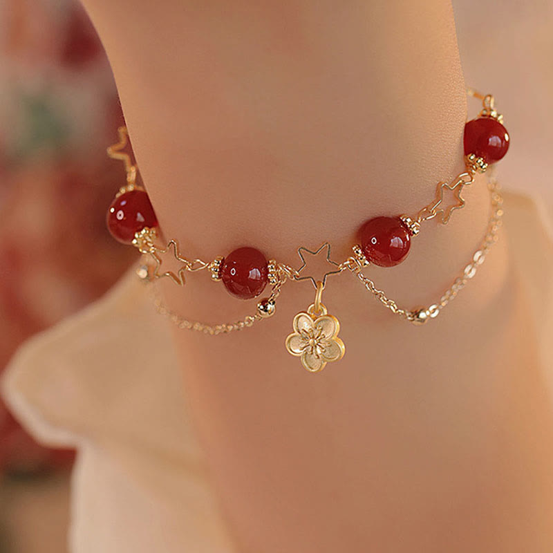 Wear FengShui 14k Gold Plated Red Agate Star Flower Charm Calm Bracelet