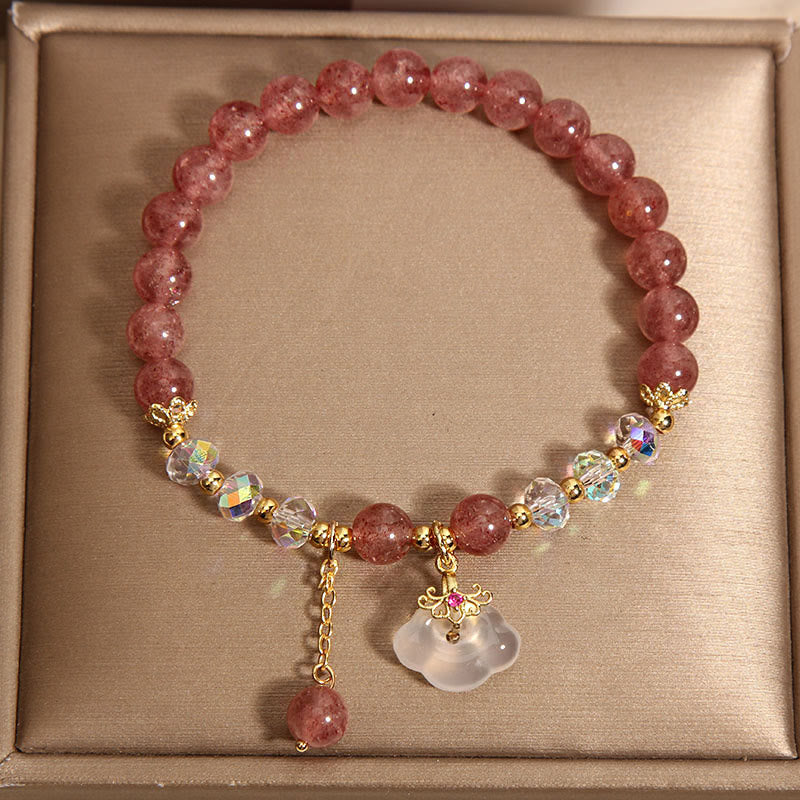 Wear FengShui Natural Strawberry Quartz Crystal White Agate Auspicious Cloud Healing Bracelet