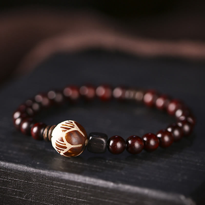 Wear FengShui Small Leaf Red Sandalwood Lotus Bodhi Seed Carved Protection Double Wrap Bracelet