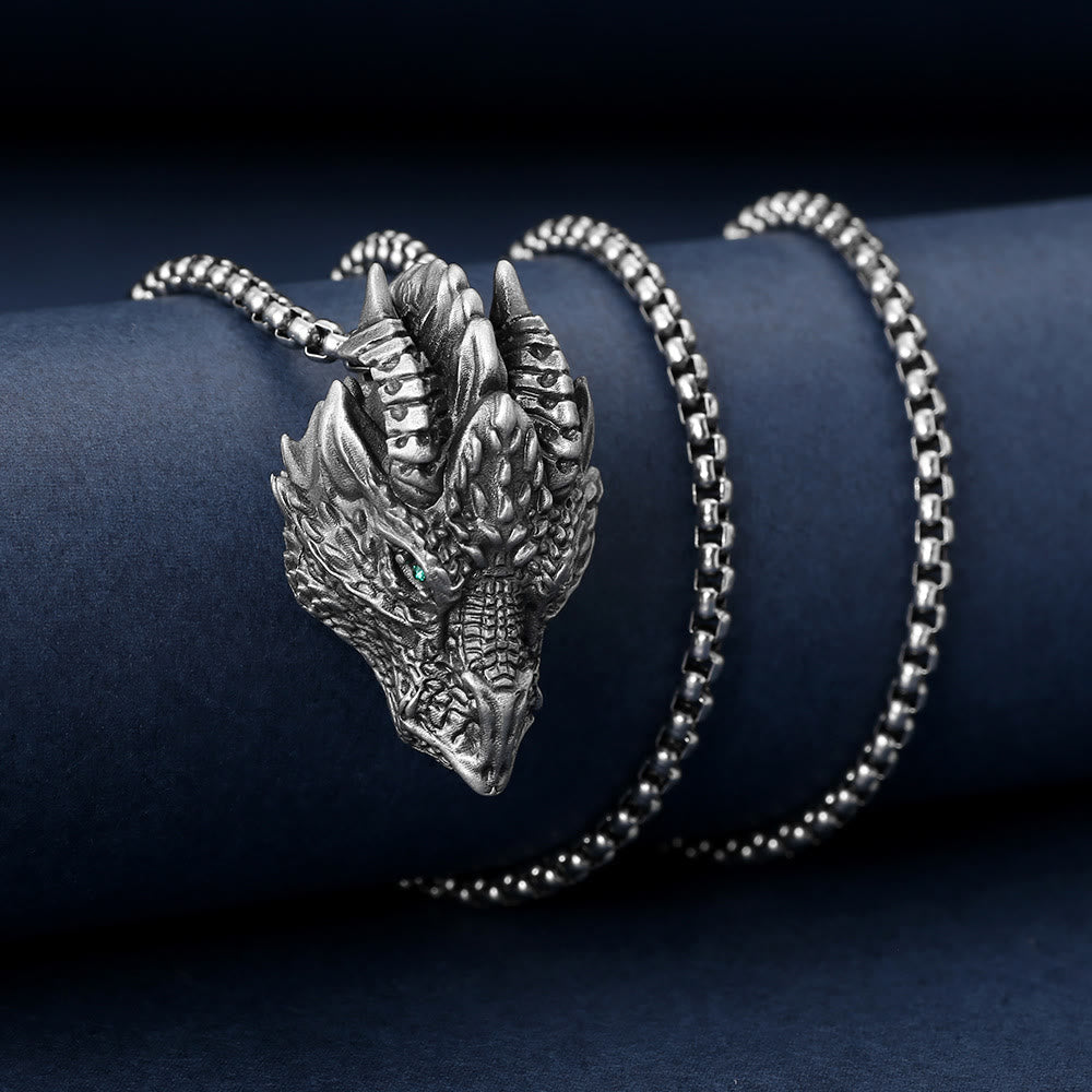 Wear FengShui Pure Tin Dragon Head Luck Protection Metal Necklace Pendant