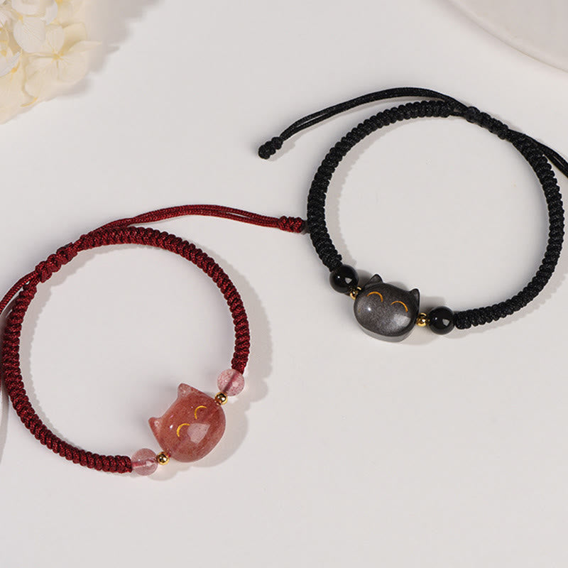 Wear FengShui Handmade Natural Silver Sheen Obsidian Strawberry Quartz Cute Cat Protection Braided Bracelet
