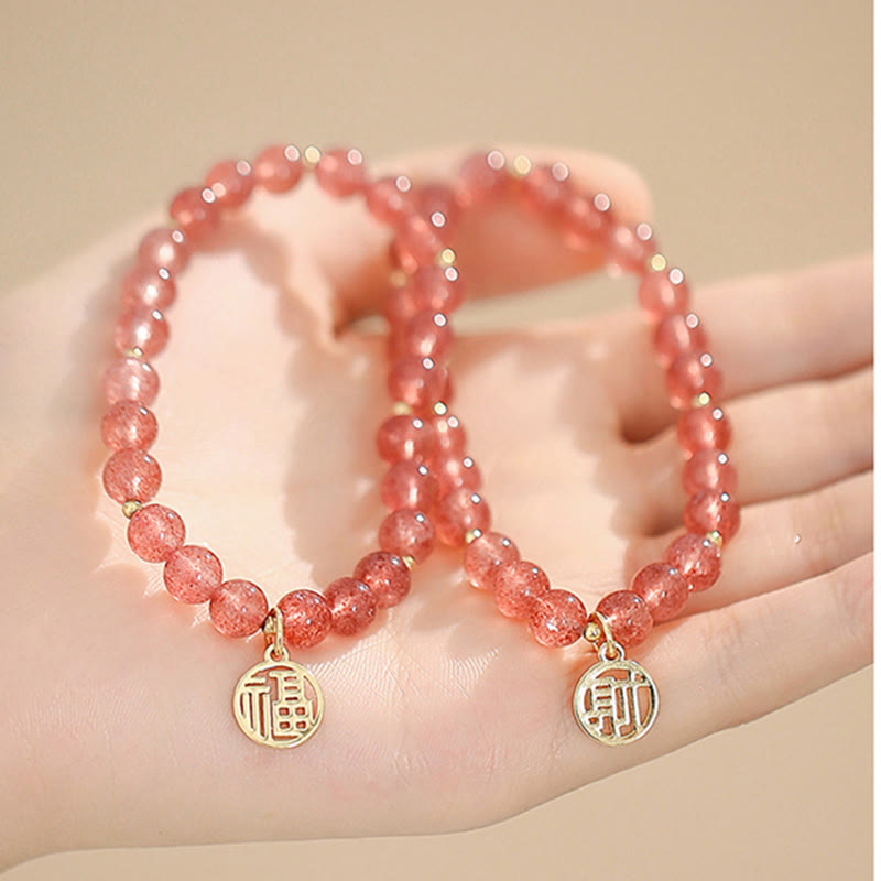 Wear FengShui 14K Gold Plated Strawberry Quartz Fu Character Healing Charm Bracelet