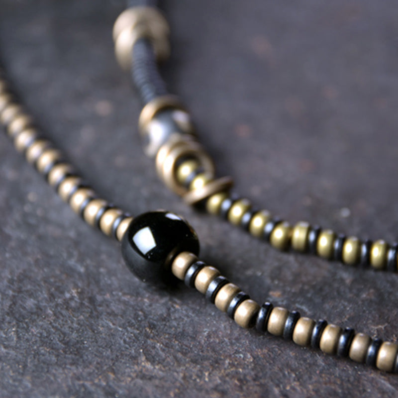 Wear FengShui Ebony Wood Dzi Bead Copper Peace Couple Bracelet Necklace Pendant