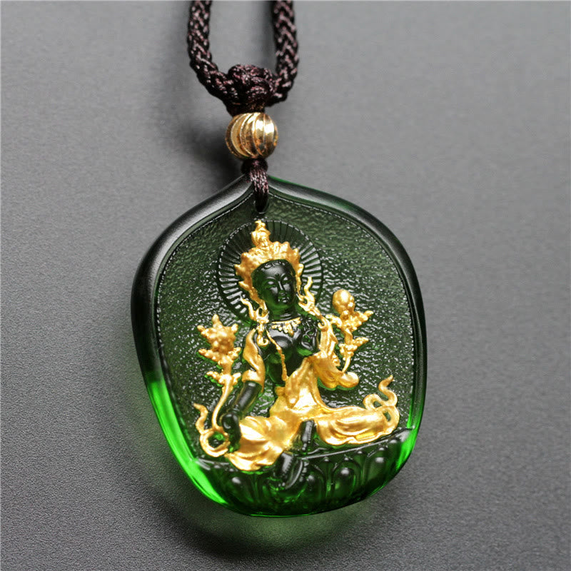 Wear FengShui Tibetan Green Tara Buddha Gold Plated Liuli Crystal Protection Necklace Pendant