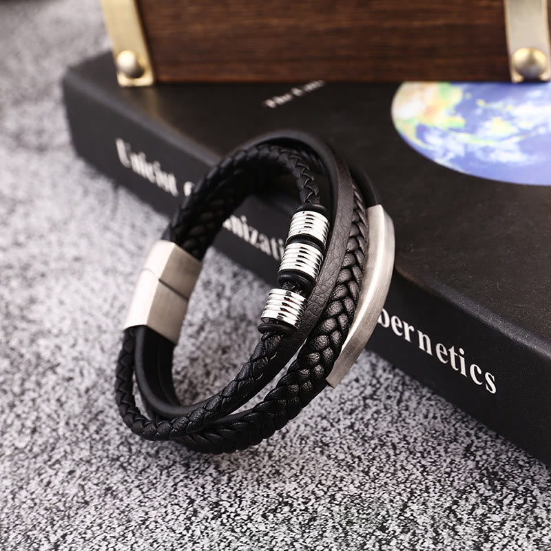 Wear FengShui Leather Multi-Layer Titanium Steel Balance Braided Magnetic Buckle Bracelet