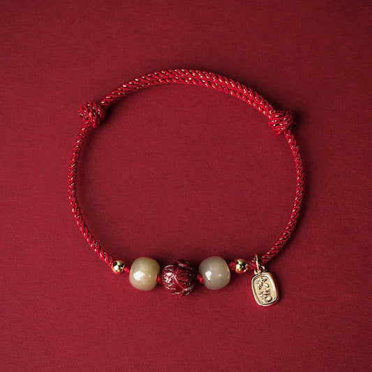 Wear FengShui 14K Gold Plated Hetian Jade Cinnabar Lotus Luck Handcrafted Rope Bracelet