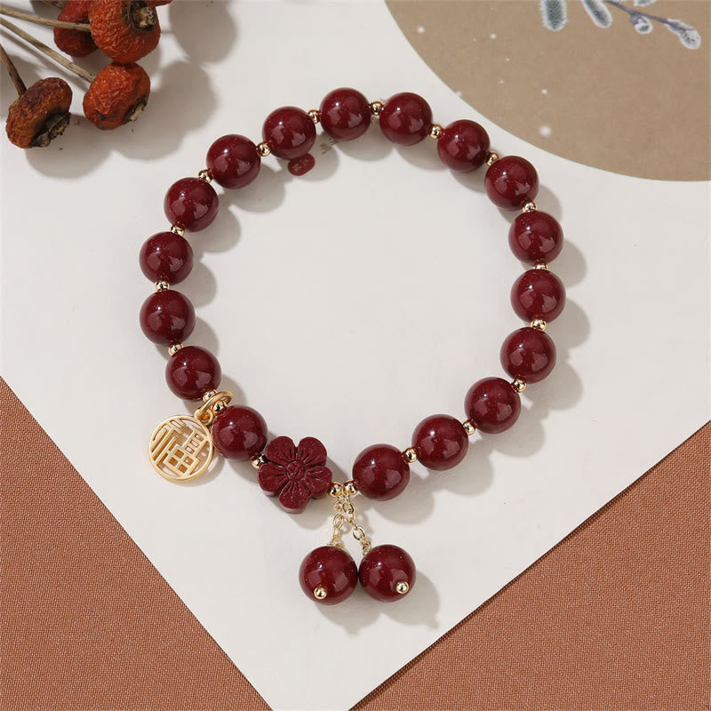 Wear FengShui Cinnabar Fu Character Cherry Blossom Blessing Bracelet