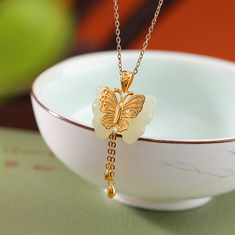 Wear FengShui 925 Sterling Silver Plated Gold Hetian White Jade Butterfly Blessing Necklace Pendant