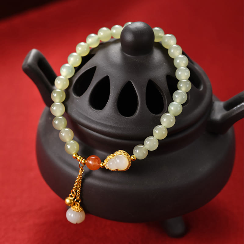 Wear FengShui 925 Sterling Silver Hetian Jade Gourd Lotus Abundance Luck Bracelet