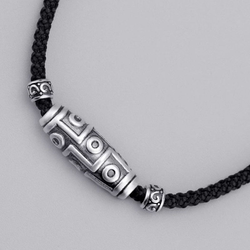 Wear FengShui 999 Sterling Silver Nine-Eye Dzi Bead Pattern Protection Rope Necklace Pendant