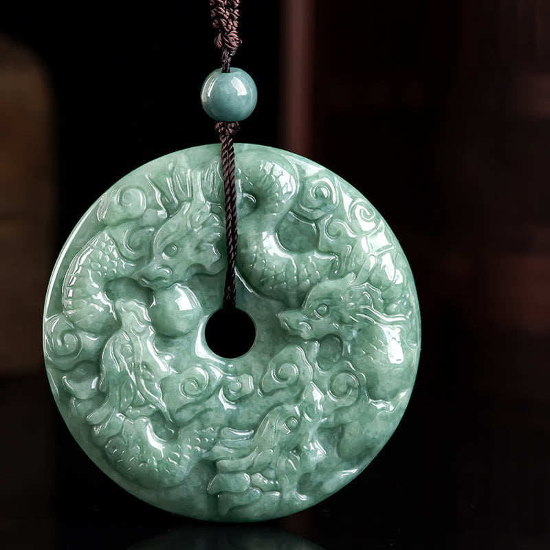 Wear FengShui Year of the Dragon Natural Jade Nine Dragons Peace Buckle Protection Necklace Pendant