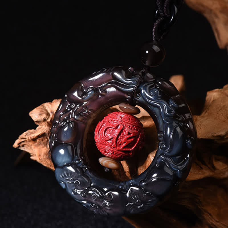 Wear FengShui FengShui Natural Rainbow Obsidian PiXiu Cinnabar Healing Necklace Pendant